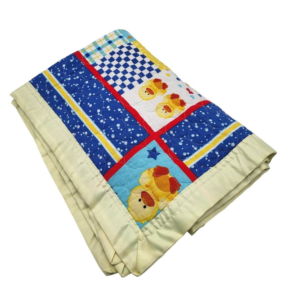 VTG Homemade Satin Edge Baby Blanket Nursery Ducks Hearts Country Yellow